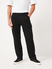 Black Straight Fit Cotton Stretch Cargo Trousers - Image 1 of 8