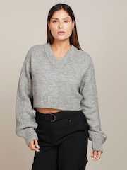 Grey Cropped V-Neck Jumper - Image 1 of 6