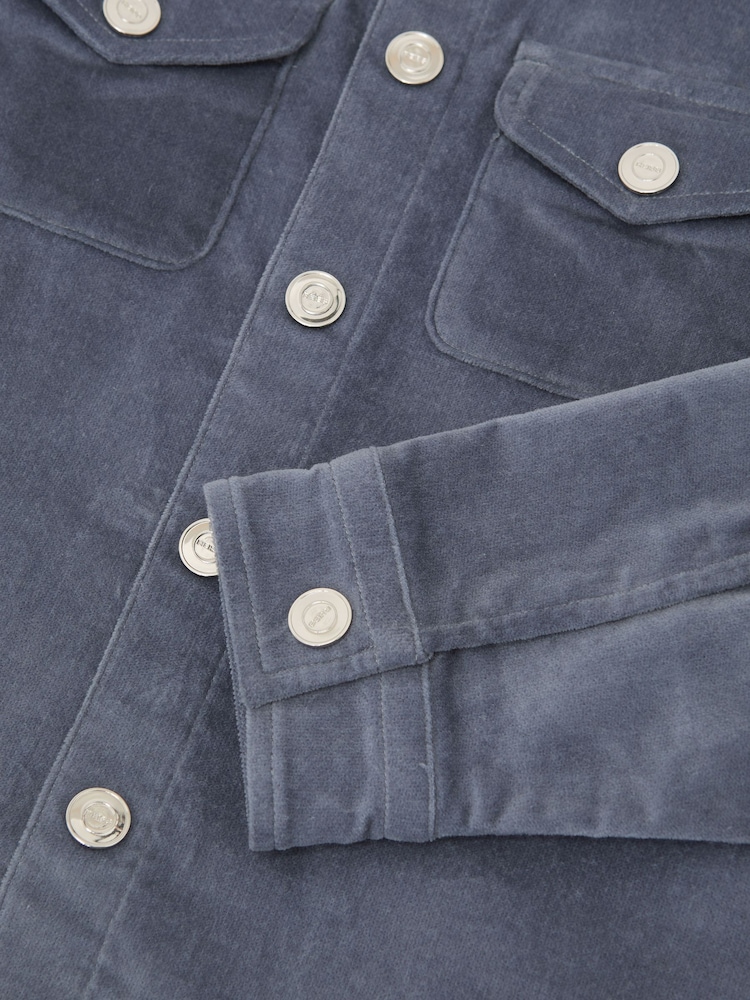 Reiss Airforce Blue Vendetta Velvet Press-Stud Overshirt - Image 4 of 4