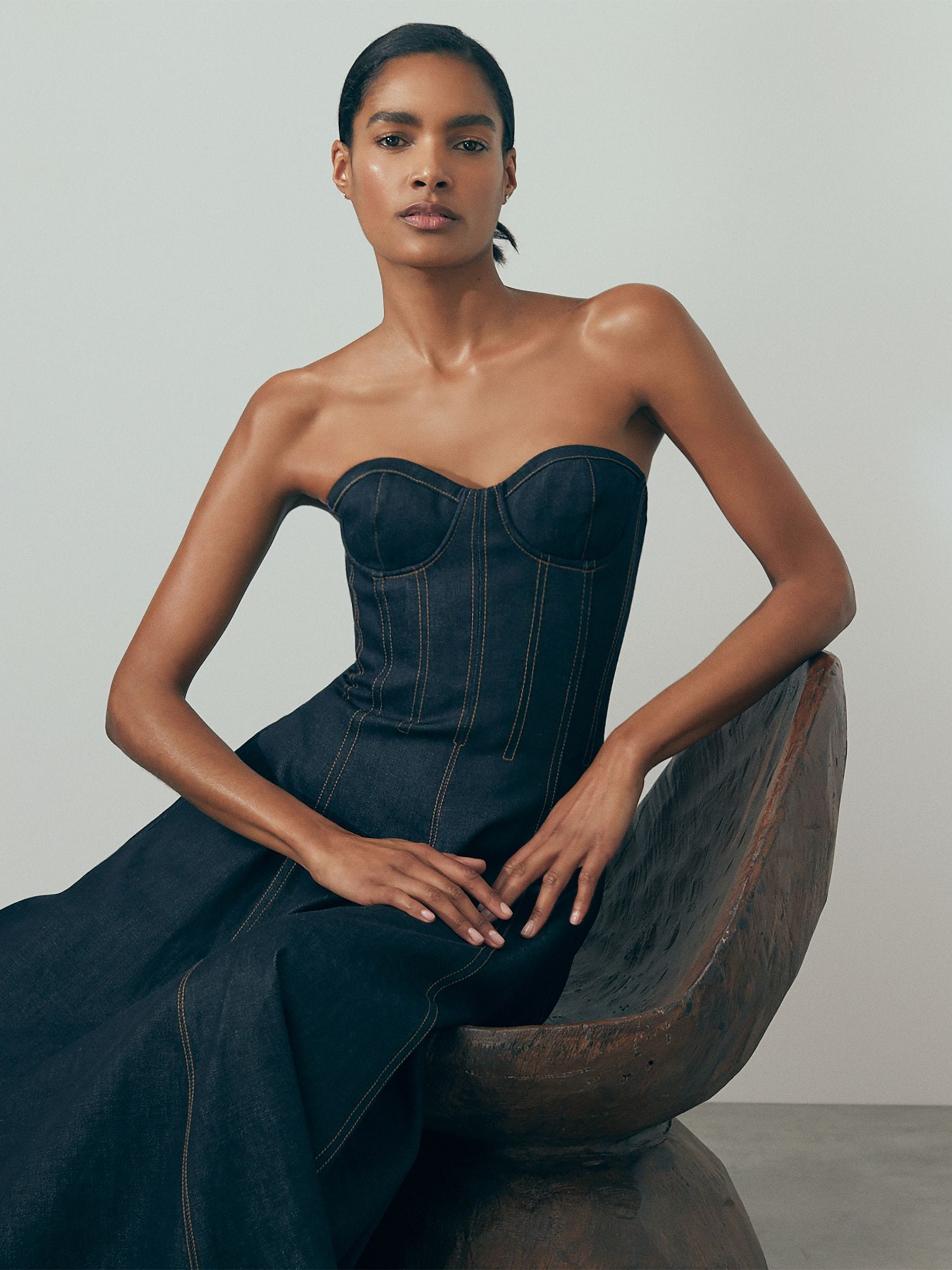 Buy Reiss Indigo Blue Rosa Strapless Structured Denim Midi Dress