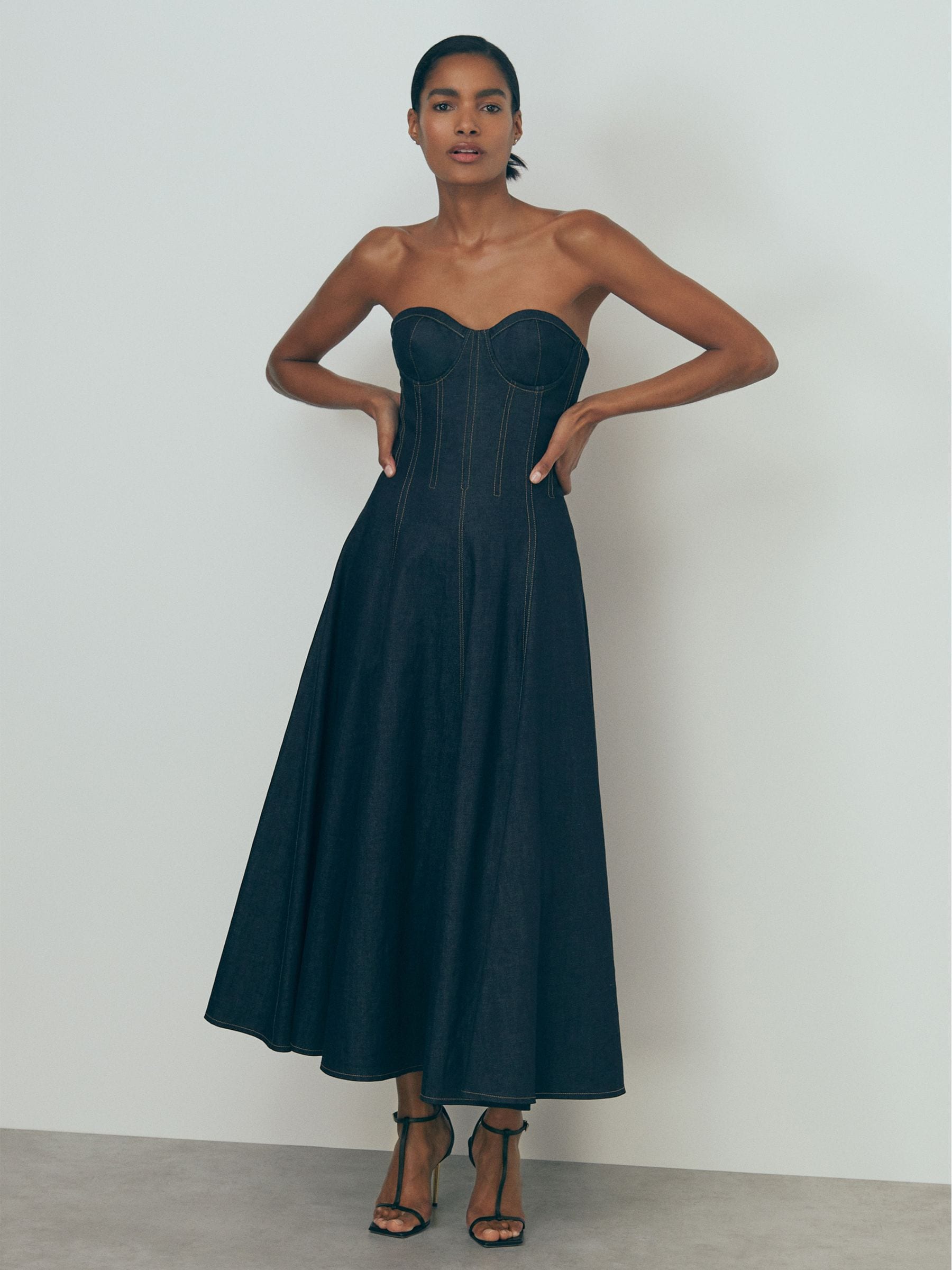 Buy Reiss Indigo Blue Rosa Strapless Structured Denim Midi Dress
