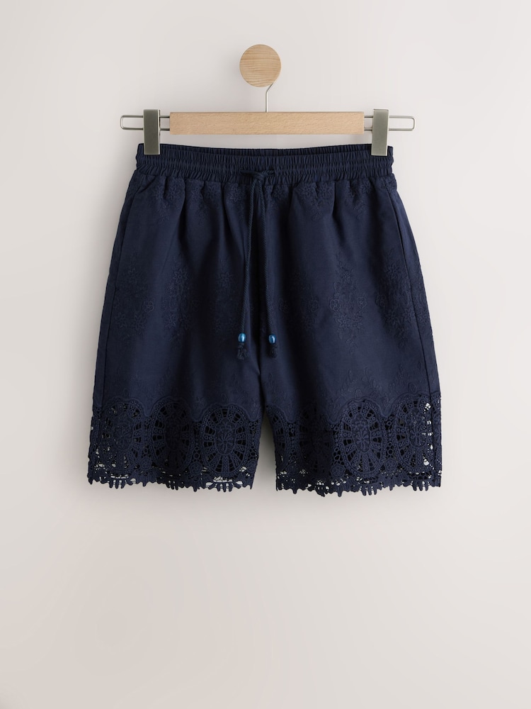 Navy Crochet Trim Shorts - Image 1 of 3 Navy Crochet Trim Shorts - Image 1 of 3