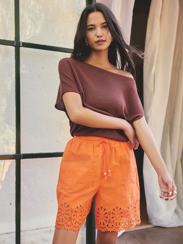 Orange Crochet Trim Shorts - Image 2 of 5