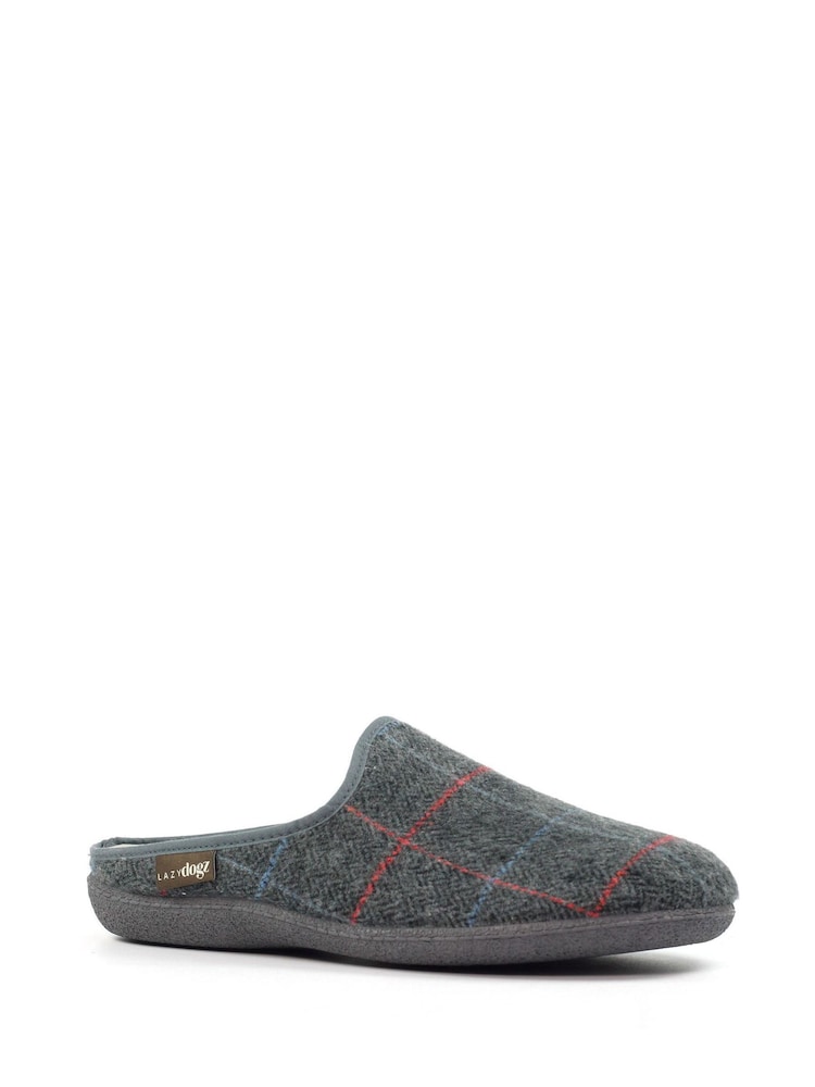 Lazy Dogz Grey Farrell Check Print Slip On Slippers - Image 1 of 6