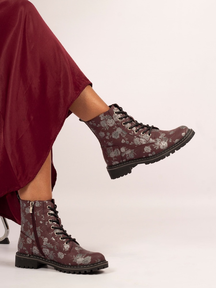 Lunar Red Dazzle Floral Lace Up Ankle Boots - Image 1 of 8