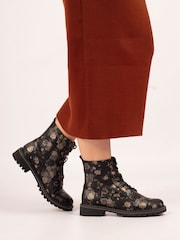 Lunar Dazzle Floral Lace Up Ankle Black Boots - Image 1 of 8