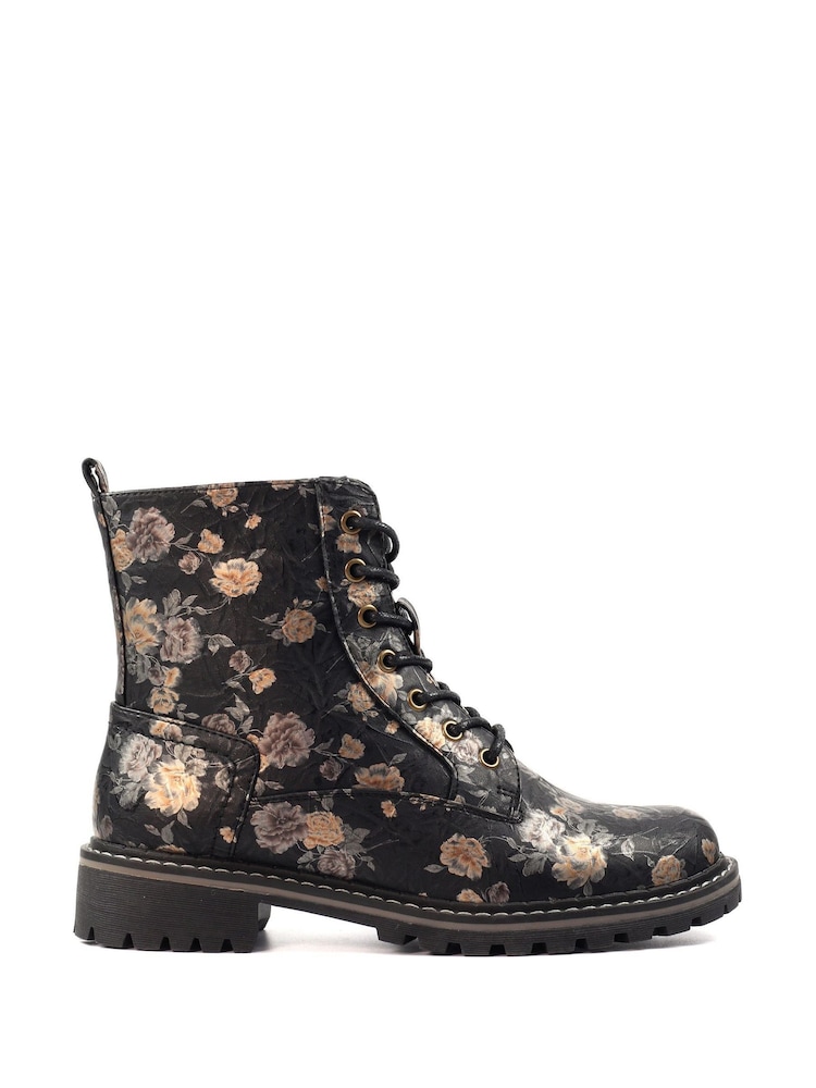 Lunar Dazzle Floral Lace Up Ankle Black Boots - Image 2 of 8