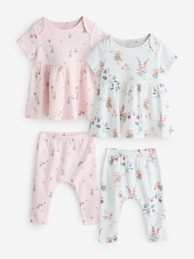 White/Pink Fairy print Short Sleeve Dress And Leggings Set - Image 1 of 3