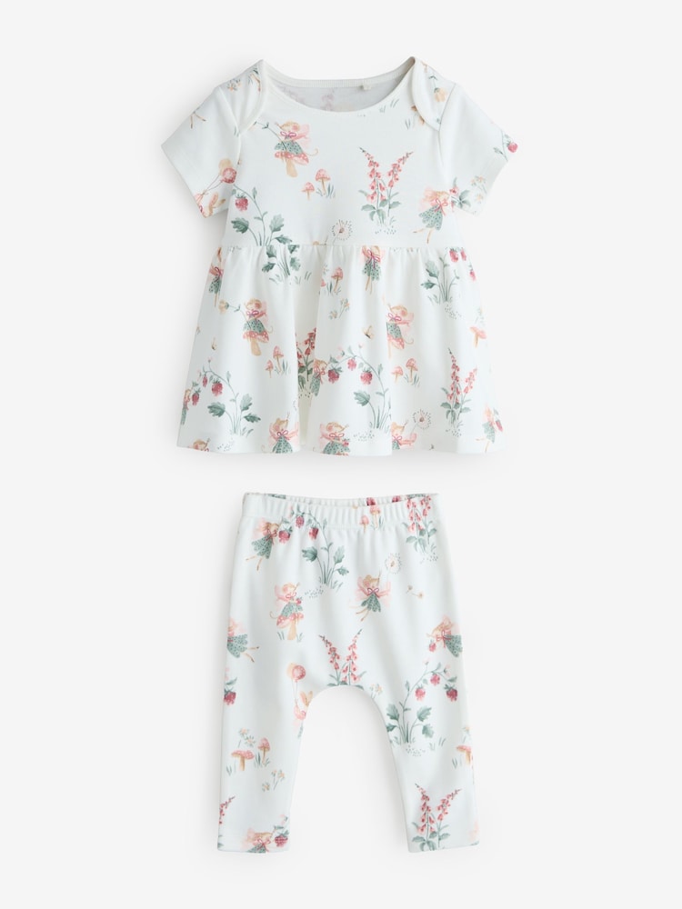 White/Pink Fairy print Short Sleeve Dress And Leggings Set - Image 3 of 3