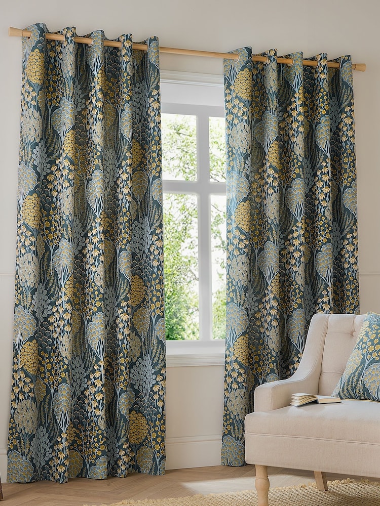 Wylder Blue Ophelia Floral Jacquard Eyelet Curtains - Image 2 of 6 Wylder Blue Ophelia Floral Jacquard Eyelet Curtains - Image 2 of 6