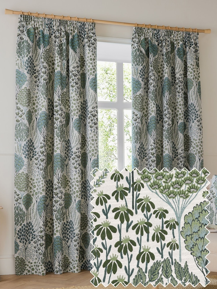 Wylder Green Ophelia Jacquard Floral Pencil Pleat Curtains - Image 1 of 6 Wylder Green Ophelia Jacquard Floral Pencil Pleat Curtains - Image 1 of 6
