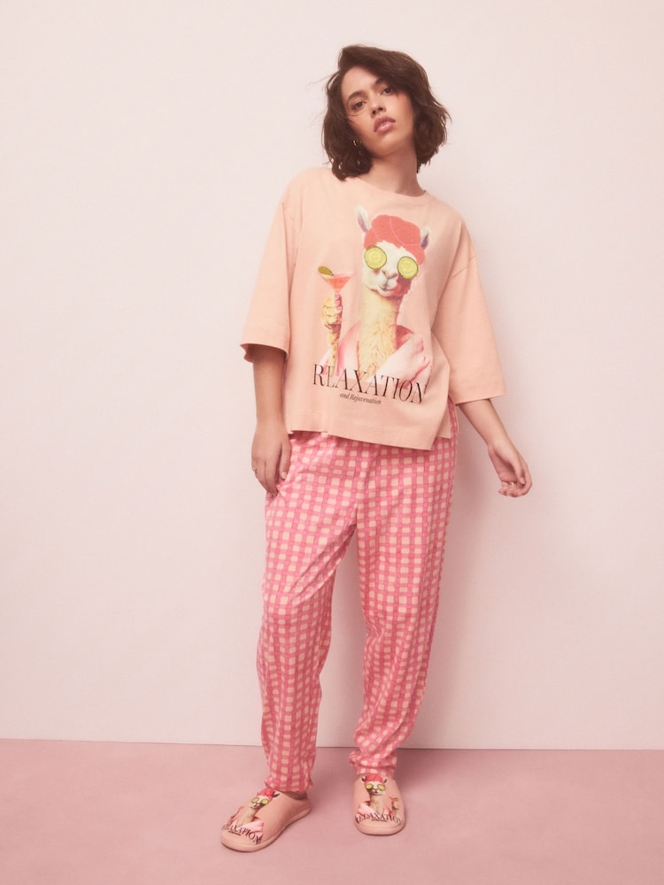 Pink Lama Graphic Short Sleeve Pyjamas - Image 1 of 10 Pink Lama Graphic Short Sleeve Pyjamas - Image 1 of 10