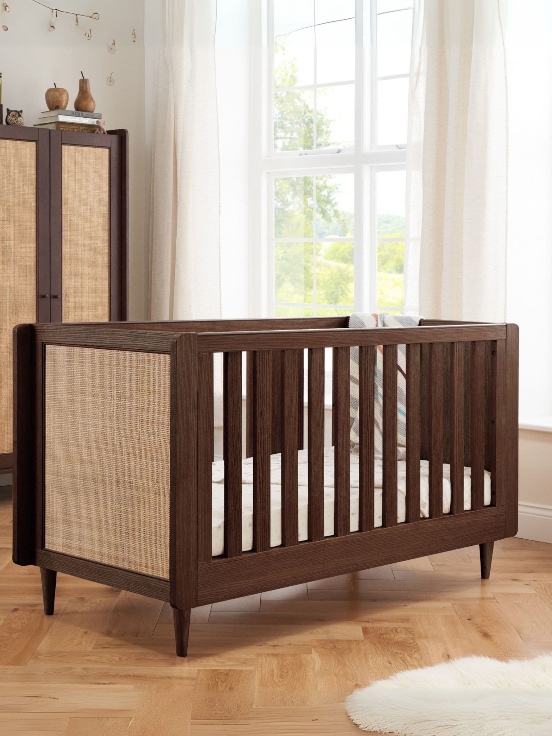 Tutti Bambini Japandi Cot Bed - Warm Walnut Brown - Converts to Toddler Bed & Sofa - Rattan & Wood - 3 Year Warranty - Image 2