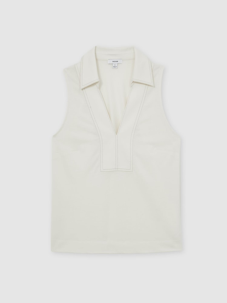 Reiss Ivory/Neutral Maisie Cotton-Blend Collared Sleeveless Top - Image 2 of 6 Reiss Ivory/Neutral Maisie Cotton-Blend Collared Sleeveless Top - Image 2 of 6