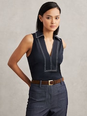 Azul-marinho/Marfim - Reiss Maisie Cotton-Blend Collared Sleeveless Top - Imagem 1 de 6