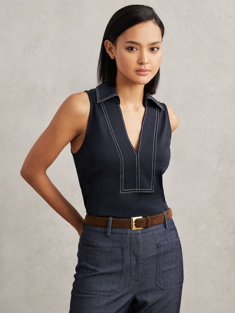 Azul-marinho/Marfim - Reiss Maisie Cotton-Blend Collared Sleeveless Top - Imagem 1 de 6