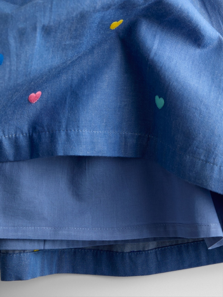 JoJo Maman Bébé Chambray Blue Hearts Embroidered Frill Sleeve Dress - Image 5 of 5 JoJo Maman Bébé Chambray Blue Hearts Embroidered Frill Sleeve Dress - Image 5 of 5