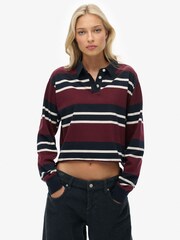 Superdry Burgundy Red Athletic Essential Cropped Stripe Rugby Shirt - Image 1 of 6