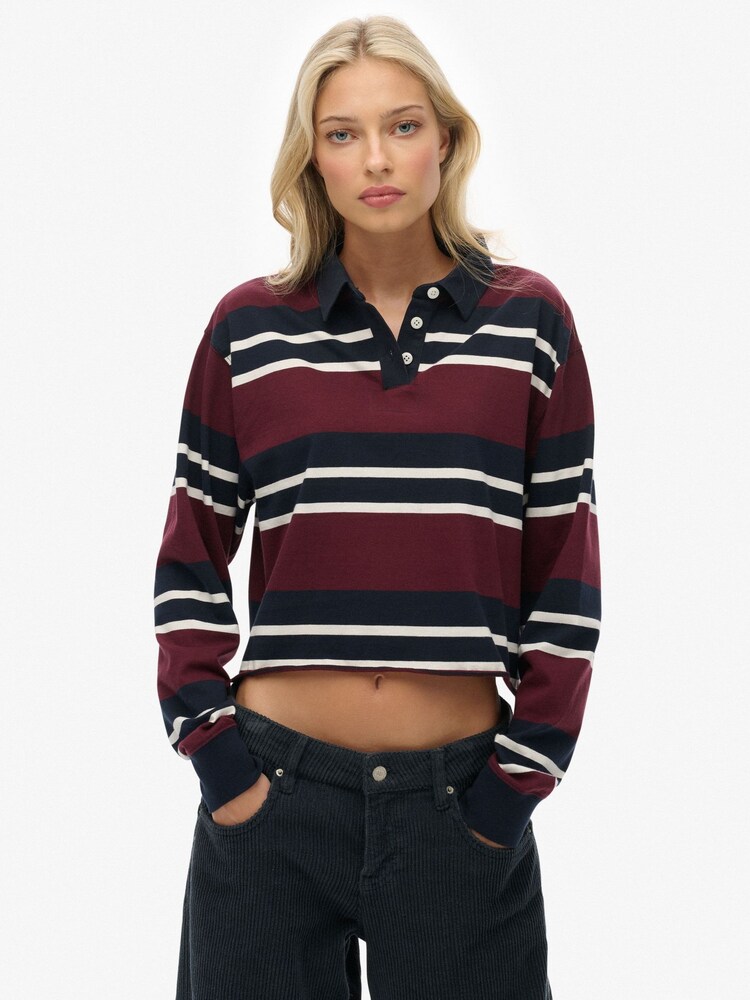Superdry Burgundy Red Athletic Essential Cropped Stripe Rugby Shirt - Image 1 of 6