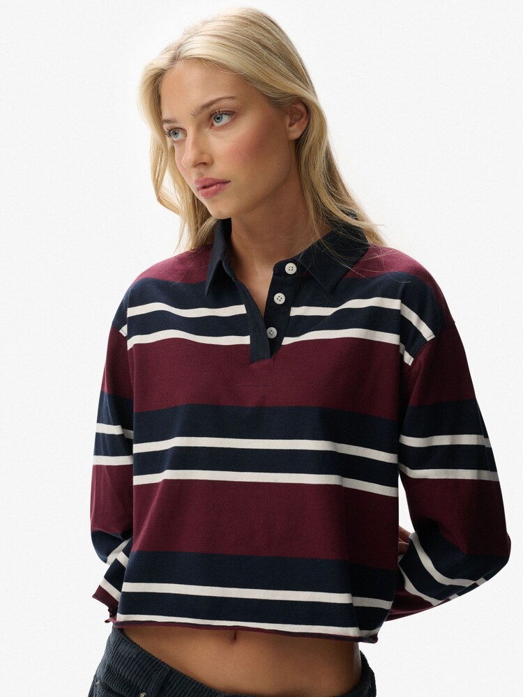 Superdry Burgundy Red Athletic Essential Cropped Stripe Rugby Shirt - Image 2 of 6