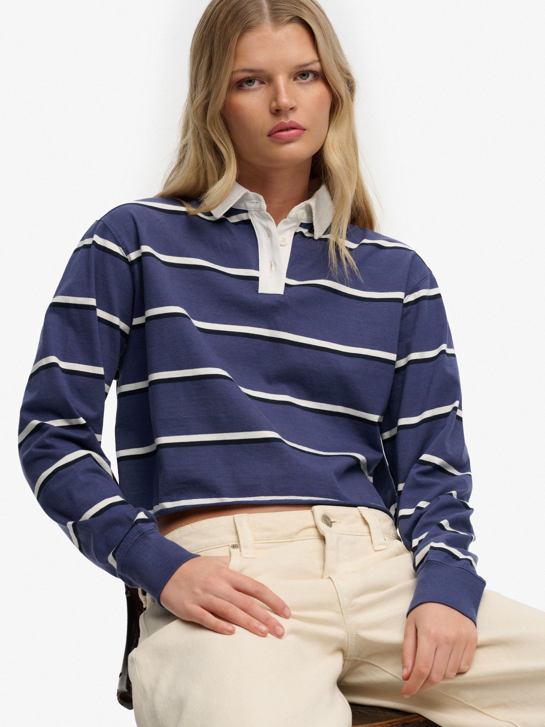 Buy Superdry Navy Athletic Essential Cropped Stripe Rugby Shirt