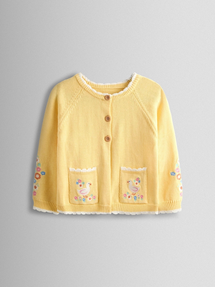 JoJo Maman Bébé Light Yellow Scallop Edge Embroidered Pocket Cardigan - Image 1 of 4 JoJo Maman Bébé Light Yellow Scallop Edge Embroidered Pocket Cardigan - Image 1 of 4
