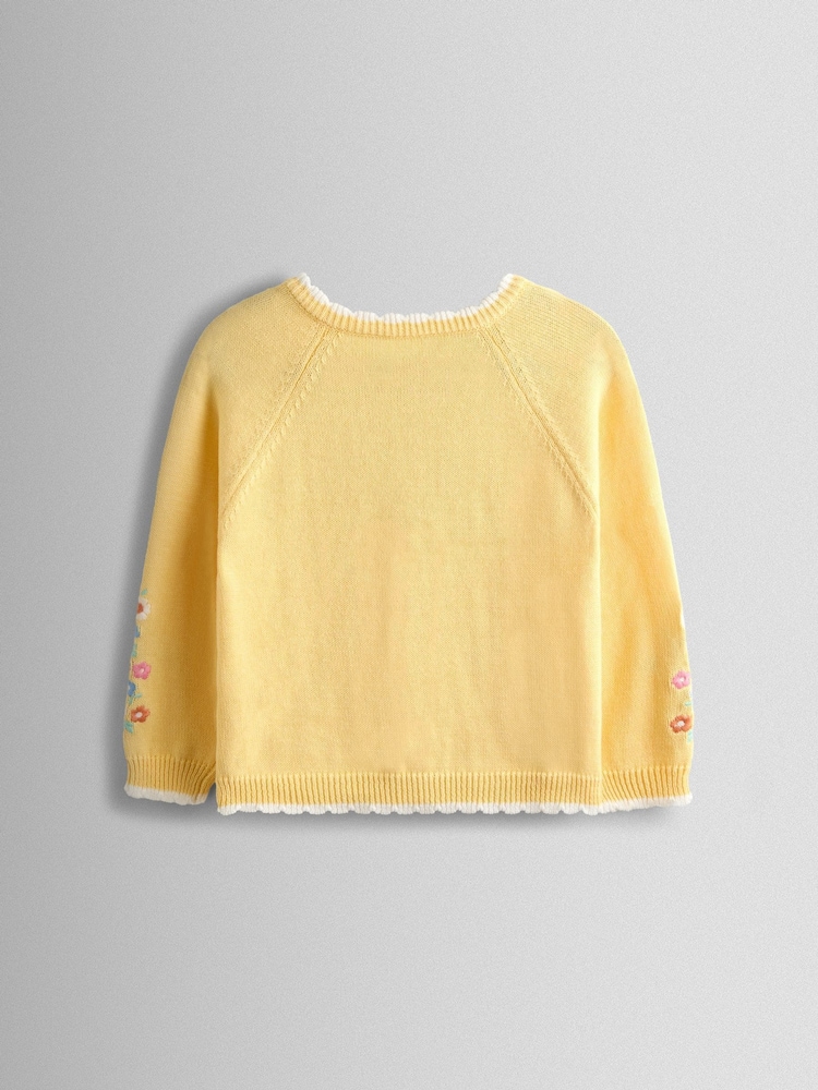 JoJo Maman Bébé Light Yellow Scallop Edge Embroidered Pocket Cardigan - Image 2 of 4 JoJo Maman Bébé Light Yellow Scallop Edge Embroidered Pocket Cardigan - Image 2 of 4
