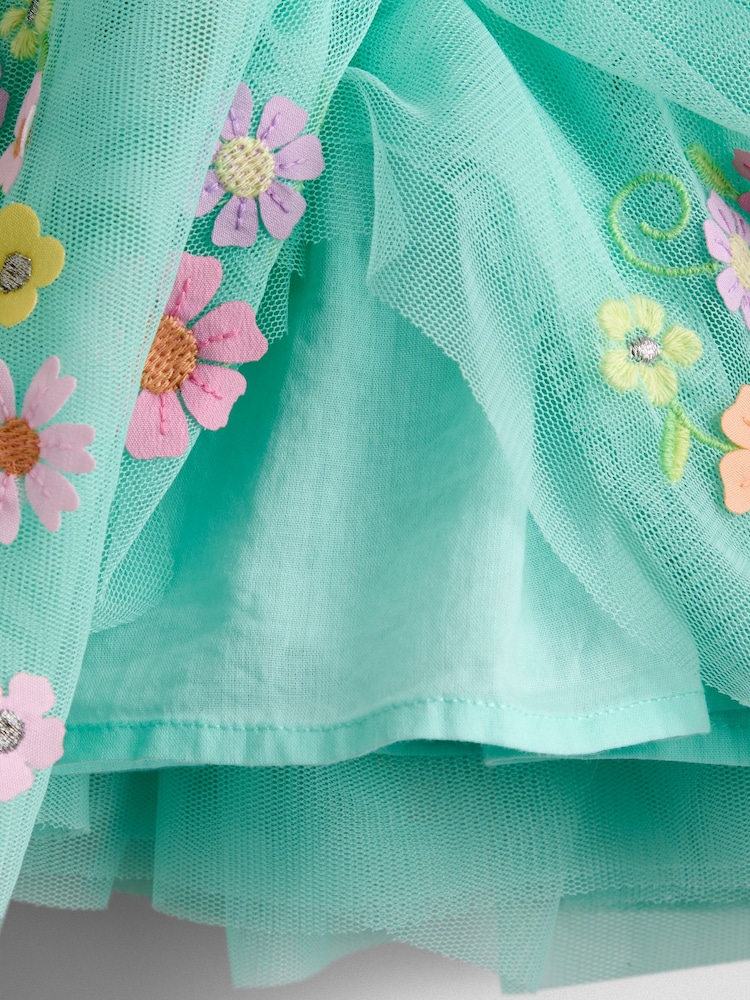 JoJo Maman Bébé Light Green Floral Ruffle Tulle Appliqué Party Dress - Image 5 of 5