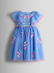 JoJo Maman Bébé Cornflower Blue Floral And Cherry Appliqué Tulle Party Dress - Image 1 of 3