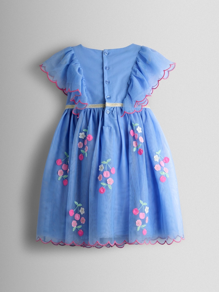 JoJo Maman Bébé Cornflower Blue Floral And Cherry Appliqué Tulle Party Dress - Image 2 of 3