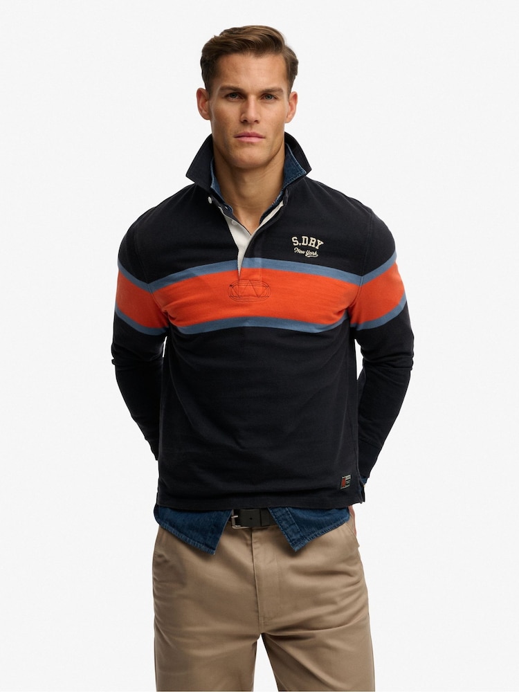 Superdry Blue Vintage Athletic Stripe Rugby Shirt - Image 1 of 5