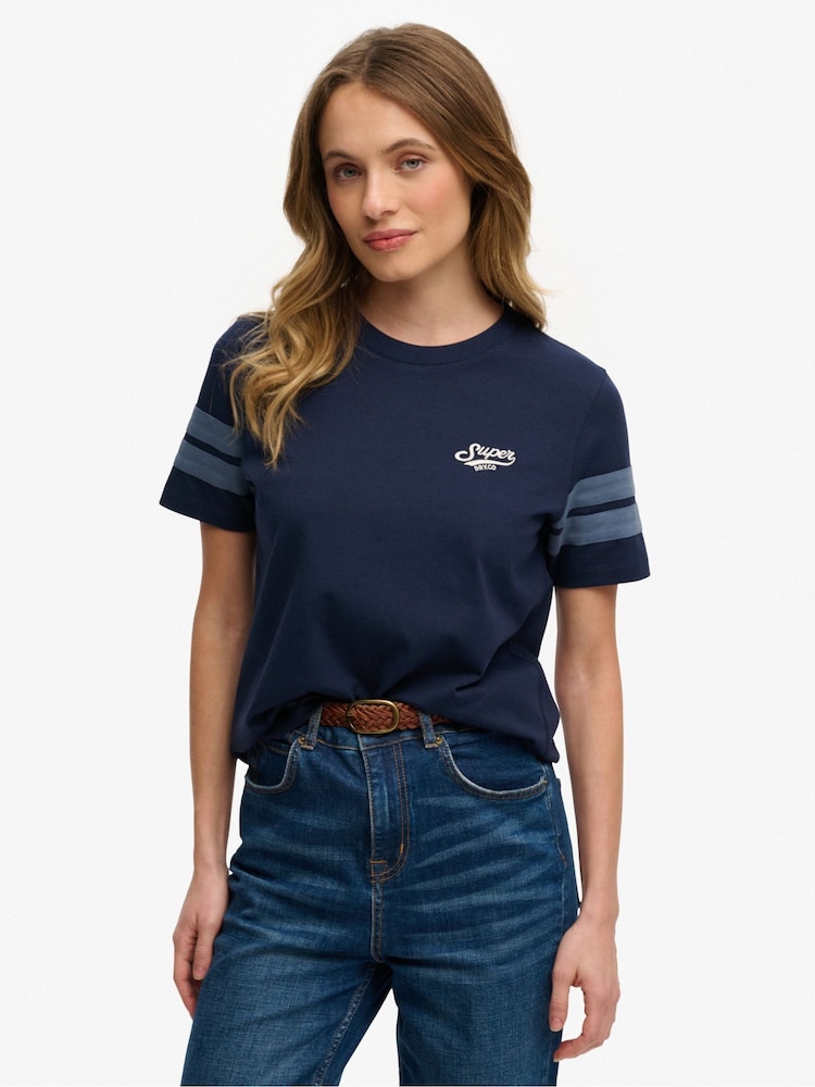 Superdry Navy Varsity Stripe Script T-Shirt - Image 1 of 6