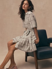 Blue With Red Embroidery Short Sleeve Tie Waist Mini Shirt Dress - Image 1 of 5