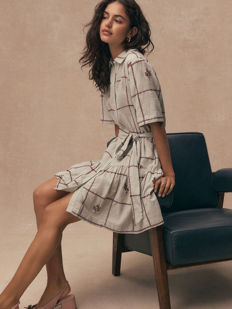 Blue With Red Embroidery Short Sleeve Tie Waist Mini Shirt Dress - Image 1 of 5