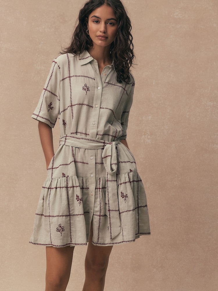 Blue With Red Embroidery Short Sleeve Tie Waist Mini Shirt Dress - Image 2 of 5