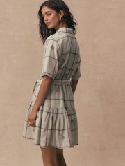 Blue With Red Embroidery Short Sleeve Tie Waist Mini Shirt Dress - Image 4 of 5