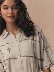 Blue With Red Embroidery Short Sleeve Tie Waist Mini Shirt Dress - Image 5 of 5