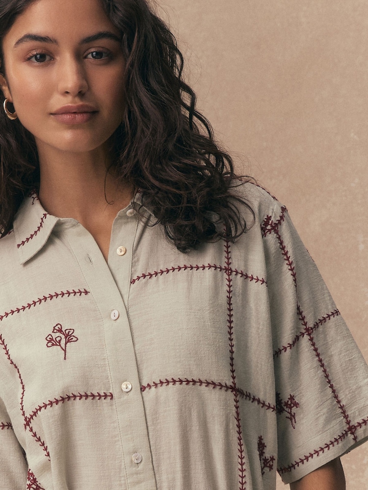 Blue With Red Embroidery Short Sleeve Tie Waist Mini Shirt Dress - Image 5 of 5