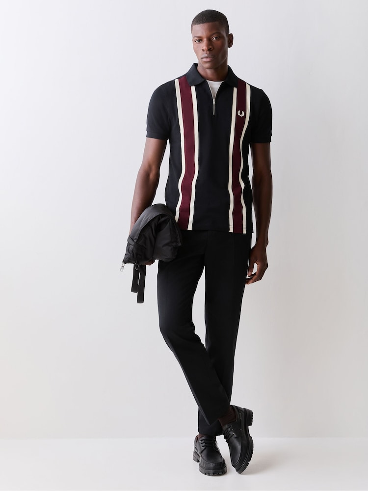 Fred Perry Black Tramline Zip Neck Polo Shirt - Image 2 of 6 Fred Perry Black Tramline Zip Neck Polo Shirt - Image 2 of 6