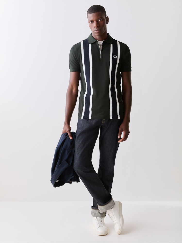 Fred Perry Green Tramline Zip Neck Polo Shirt - Image 2 of 5 Fred Perry Green Tramline Zip Neck Polo Shirt - Image 2 of 5