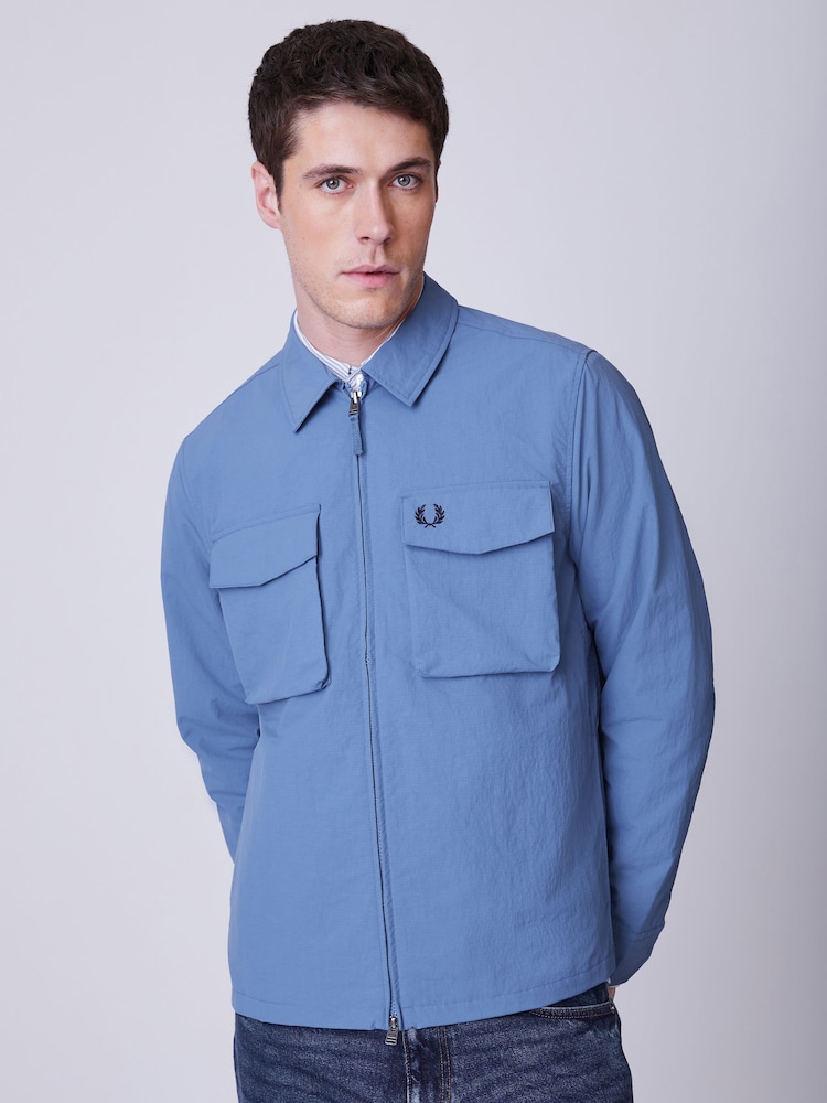 Fred Perry Blue Ripstop Pocket Zip Overshirt - Image 1 of 5 Fred Perry Blue Ripstop Pocket Zip Overshirt - Image 1 of 5