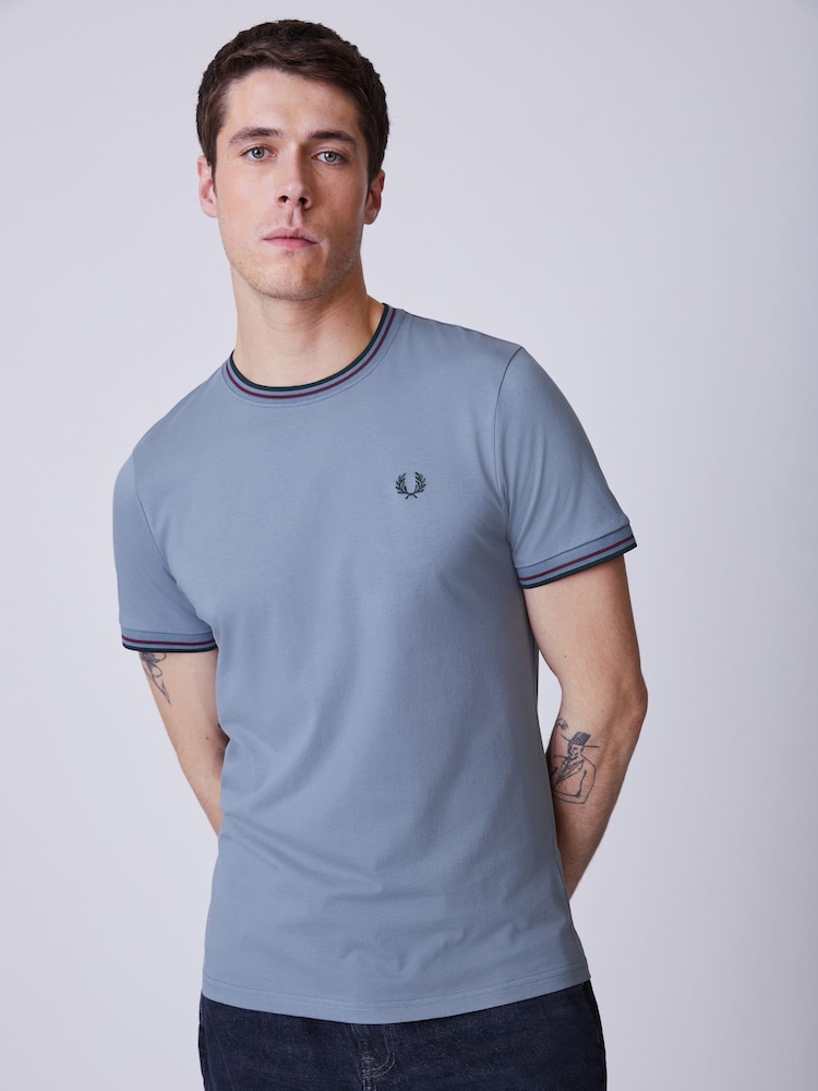 Fred Perry Stone Blue Fred Perry Twin Tipped Logo T-Shirt - Image 1 of 4 Fred Perry Stone Blue Fred Perry Twin Tipped Logo T-Shirt - Image 1 of 4