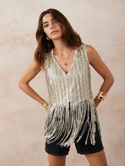 Mint Velvet Silver Sequin Fringed Top - Image 2 of 8