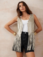 Mint Velvet Silver Sequin Fringed Top - Image 4 of 8