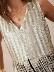 Mint Velvet Silver Sequin Fringed Top - Image 5 of 8