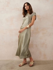 Mint Velvet Green Khaki Satin Midi Dress - Image 2 of 8