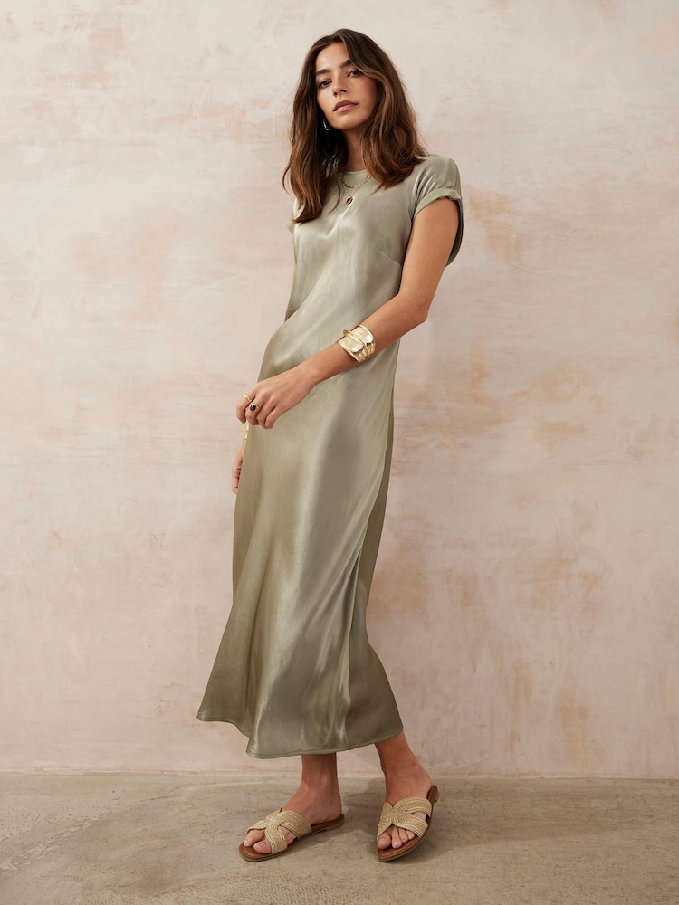 Mint Velvet Green Khaki Satin Midi Dress - Image 2 of 8