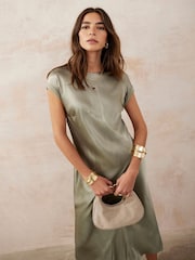 Mint Velvet Green Khaki Satin Midi Dress - Image 3 of 8