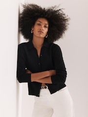 Mint Velvet Black Cotton Blend Button Collar Cardigan - Image 1 of 8