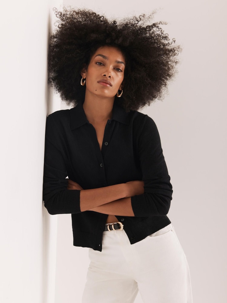 Mint Velvet Black Cotton Blend Button Collar Cardigan - Image 1 of 8